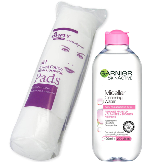 Garnier Micellar Water Facial Cleanser Makeup Remover 400ml with Cotton Wool Pads Bundle