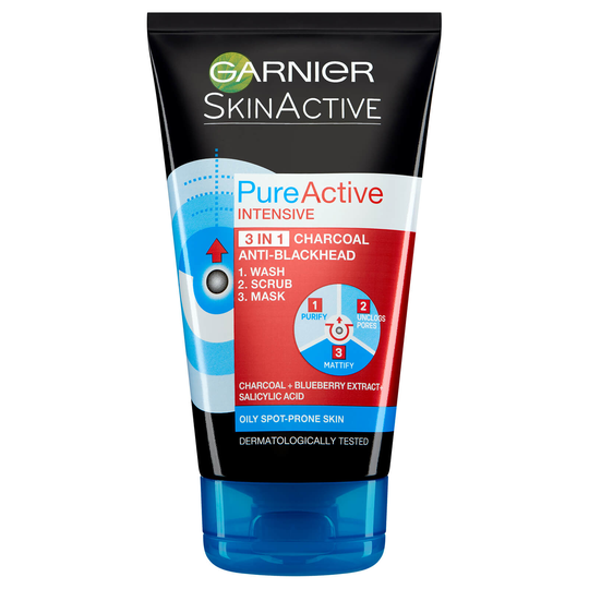 Garnier Pure Active Intensive 3 in 1 Anti-Blackhead Charcoal Wash, Scrub & Mask 150 ml